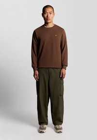 Barna pulóver kis logóval a mellkason, laza, zöld cargo nadrággal párosítva. Egyén bézs és szürke tornacipőben.