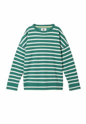 Green and white long-sleeve crewneck sweater with horizontal stripes and ribbed cuffs, displayed against a white background.