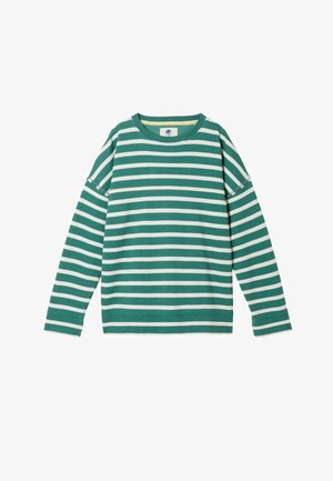 Green and white long-sleeve crewneck sweater with horizontal stripes and ribbed cuffs, displayed against a white background.