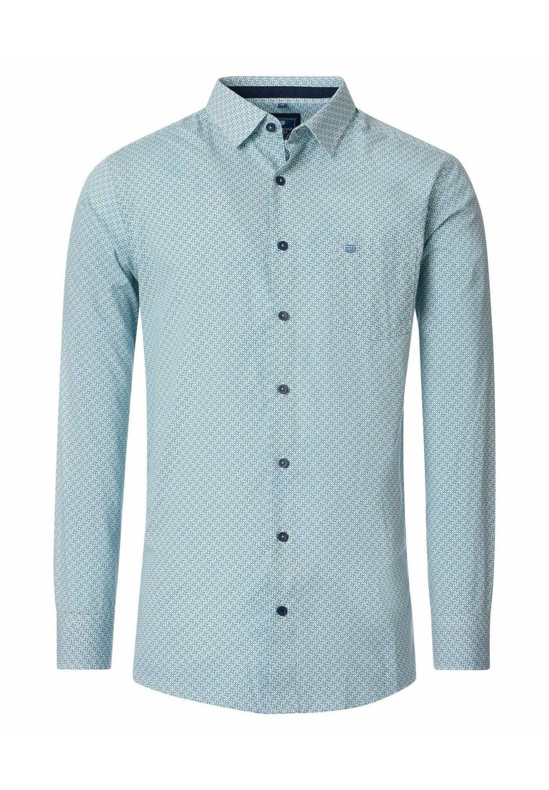  Lichtblauwe blouse met lange mouwen, voorzien van een geometrisch patroon, een button-down kraag, blauwe knoopdetails en een enkele borstzak.