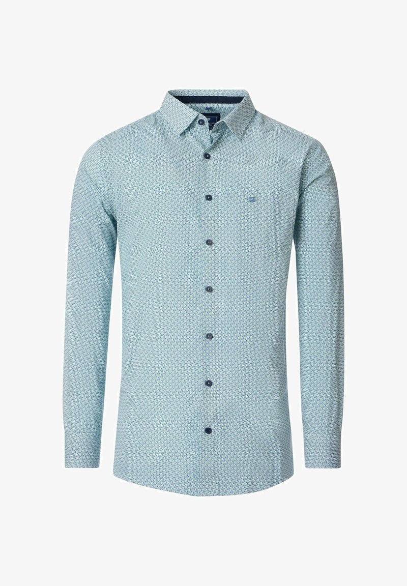 Lichtblauwe blouse met lange mouwen, voorzien van een geometrisch patroon, een button-down kraag, blauwe knoopdetails en een enkele borstzak.