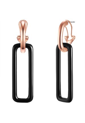 Cercei clip-on din aur roz, având componente rectangulare negre din acril, alungite, cu o textură netedă și un design discret.