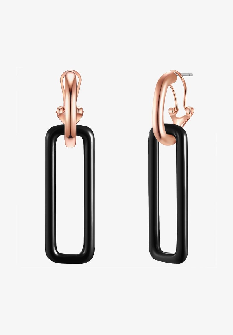 Rožių aukso segtukai auskarai su pailgais juodais stačiakampiais akrilo komponentais, lygia tekstūra ir subtiliu dizainu.