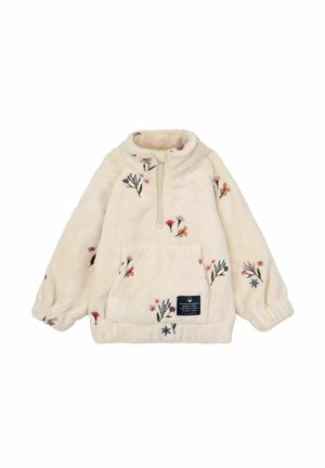 Cream-colored pullover with floral embroidery, soft texture, half-zip collar, and front pocket. Features elasticized cuffs and hem.