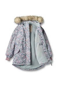 Kurtka w floralny wzór z jasnoniebieskim zewnętrzem, kapturem podszytym futrem i miękkim szarym polarem wewnątrz. Posiada elastyczne mankiety i boczne kieszenie.