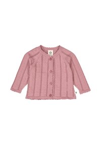 Vaaleanpunainen neulecardigan, jossa on pitkät hihat, sahalaitainen kaula-aukko, nappilukitus ja tekstuuriset kuviot koko matkalta.