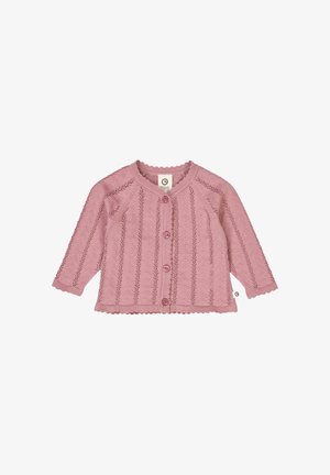 Pink knitted cardigan with long sleeves, featuring a scalloped neckline, button closure, and textured patterns throughout.