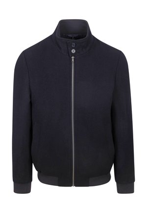 Marine zip-up jack met hoge kraag, twee knopen bij de nek, ribgebreide mouwen en tailleband. De stof heeft een gestructureerd oppervlak.