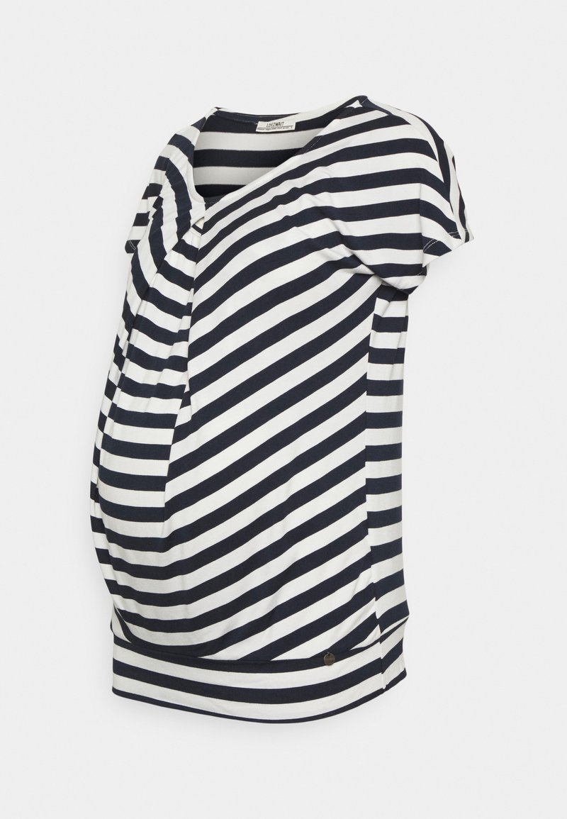 T-shirt de maternidade riscada com mangas curtas, apresentando riscas horizontais em azul marinho e branco, tecido macio e detalhes franzidos nas laterais.