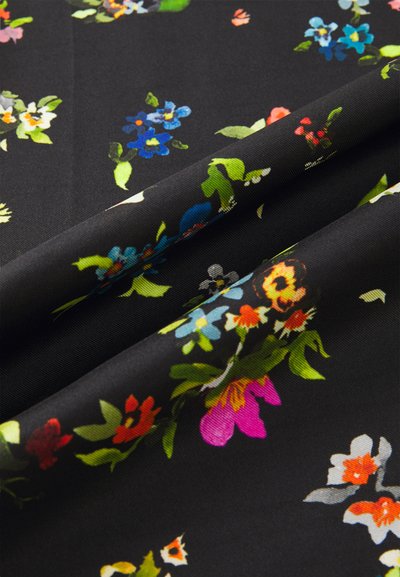 Black fabric detailed with colorful floral patterns, including red, pink, blue, and yellow flowers, with a smooth, slightly textured finish.