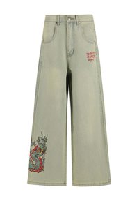 Lichtgroene wijde jeans met een kleurrijke draak broderie op één been; voorzien van een knoopsluiting aan de voorkant en traditionele zakken.