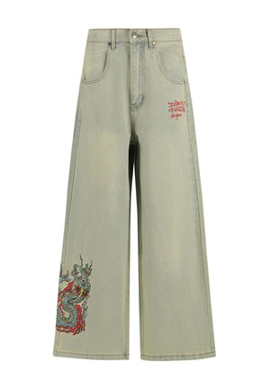 Light green wide-leg jeans with a dragon embroidery in vibrant colors on one leg; features a front button closure and traditional pockets.