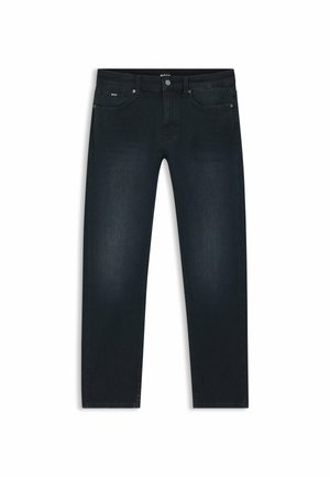 Jeans in denim blu scuro con vestibilità slim, cinque tasche e chiusura a bottone. Presentano una cucitura discreta e un logo sulla vita.