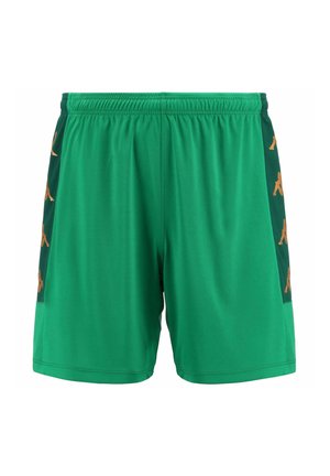 Groene sportshorts met een elastische tailleband, met een mesh zijpaneel en oranje logo's. Gladde textuur, knielange ontwerp.