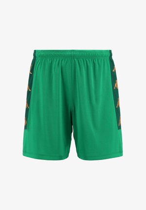 Pantaloni sportivi verdi con una cintura elastica, dotati di un pannello laterale in rete con logo arancioni. Texture liscia, design lungo fino al ginocchio.