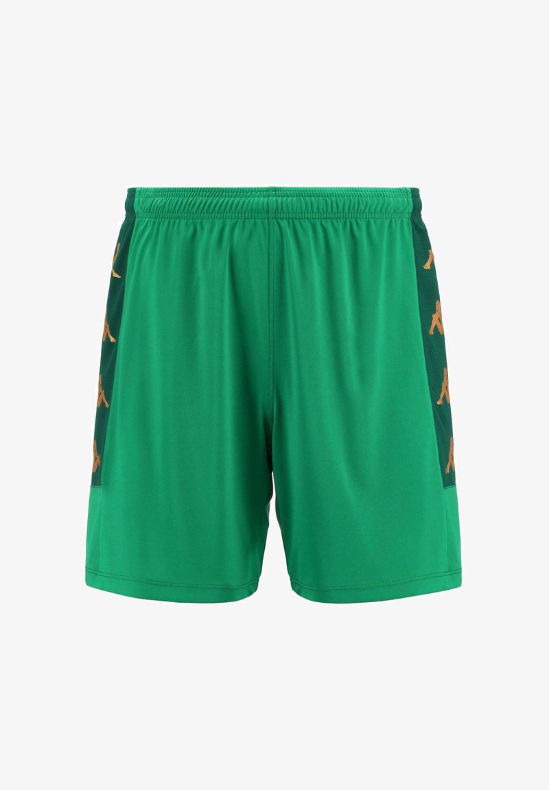 Shorts de sport verts avec une taille élastique, dotés d'un panneau latéral en mesh avec des logos oranges. Texture lisse, design longueur genoux.