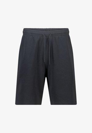 Black casual shorts with elastic waistband and drawstring, knee-length, plain design, made of soft fabric.