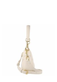 Borsa a tracolla in pelle crema con un design strutturato, dotata di una tracolla rimovibile e dettagli in metallo dorato.