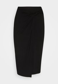 Jupe midi noire avec un détail noué à l'avant et un léger drapé en superposition, silhouette droite avec une petite fente à l'ourlet avant.