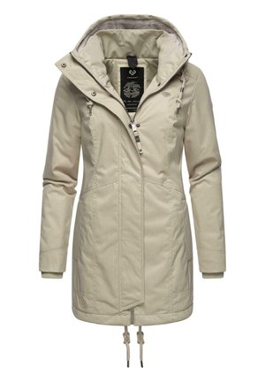 Beige hooded jacket with zipper and snap closures, side pockets, drawstring at the waist, and ribbed cuffs. Soft inner lining visible.