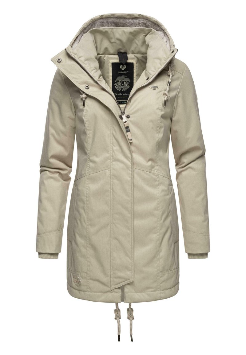 Beige leren jas met een capuchon, rits en drukknoopsluiting, zijzakken, een trekkoord in de taille en geribbelde manchetten. Zachte binnenvoering zichtbaar.