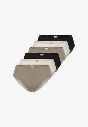 Fünf Paar Damen-Slips in Khaki, Creme, Schwarz und Grau. Jeder ist mit Spitzenbesatz am Bund versehen. Hergestellt aus weichem Stoff.