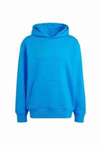 Klart blå huva sweatshirt med känguruficka och ribbad mudd, visad på en vit bakgrund.