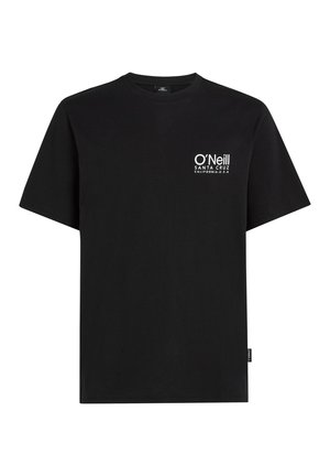 Zwarte katoenen t-shirt met een wit logo op de linkerborst, klassieke ronde hals, korte mouwen en een standaard pasvorm.