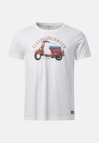 T-shirt blanc à manches courtes avec un graphisme de scooter vintage rouge et le texte "Classic Scooter vintage ride est. since 68" sur le devant.