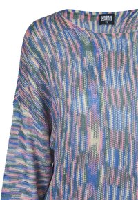 Maglione girocollo lavorato a maglia con un motivo multicolore di blu, verde, rosa e crema, dalla vestibilità ampia e con un ampio scollo.