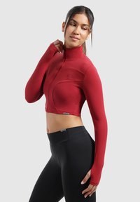 Rode sportieve cropped jacket met lange mouwen en hoge kraag, gemaakt van glad rekbaar materiaal. Kenmerkt zich door subtiele naaddetails en heeft geen sluitingen.