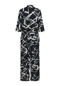 Black jumpsuit with abstract blue and white patterns, designed with a collar and wide legs; made of a smooth fabric. Back view shown.