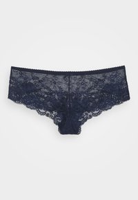 Marineblauwe kantondergoed met bloemenpatronen, voorzien van golvende randen en een doorschijnende textuur. Glad elastiek en een middelhoge snit.