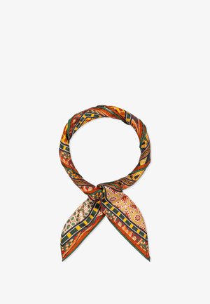 Silk scarf with a bold, multicolored geometric pattern in orange, green, yellow, and black; features smooth texture and tied design.