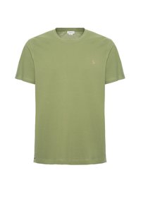 T-shirt verde oliva in cotone, con colletto rotondo, maniche corte e un piccolo logo ricamato sul lato sinistro del petto. Texture liscia.