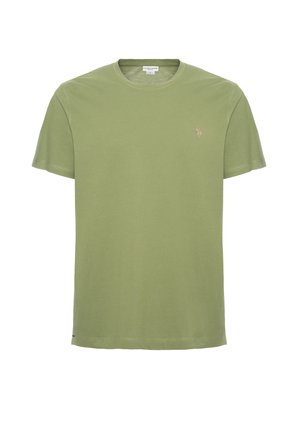 T-shirt verde oliva in cotone, con colletto rotondo, maniche corte e un piccolo logo ricamato sul lato sinistro del petto. Texture liscia.