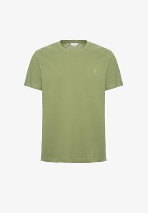 T-shirt verde oliva in cotone, con colletto rotondo, maniche corte e un piccolo logo ricamato sul lato sinistro del petto. Texture liscia.
