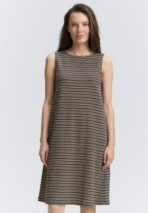 Ärmelloses Kleid aus strukturiertem Stoff mit einem gestreiften Muster in Braun und Beige. Ausgestellte Silhouette, runder Ausschnitt und knielanger Saum.