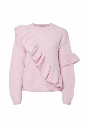 Suéter de punto rosa con detalles de volantes a lo largo de un hombro y manga. Puños y dobladillo acanalados. Textura suave, diseño casual, peso medio.
