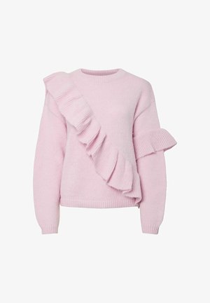 Różowy sweter dziany z falbankami na jednym ramieniu i rękawie. Mankiety i dolna krawędź z prążkowanego ściągacza. Miękka faktura, casualowy design, średnia grubość.