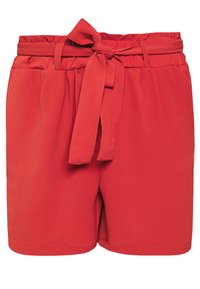 Shorts rouges en tissu texturé, dotés d'une taille élastique avec un lien de serrage et une coupe décontractée qui s'arrête au milieu de la cuisse.