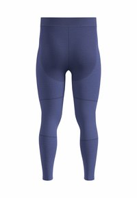 Dunkelblaue Leggings aus strukturiertem, dehnbarem Material. Mit einem breiten Bund und gemusterten Abschnitten, eng anliegend vom Bund bis zum Knöchel.