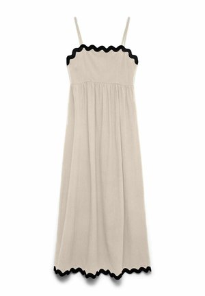 Beige ermeløs midikjole med tynne stropper og svart bølget pynt langs utringningen og kanten.