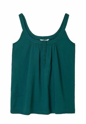 Sleeveless teal tank top with scalloped edges, pleated front, and five-button closure on the chest.