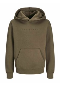 Sudadera verde oliva hecha de un tejido suave, con un gran bolsillo tipo canguro, puños de canalé y el logotipo "JACK & JONES" impreso en el pecho.