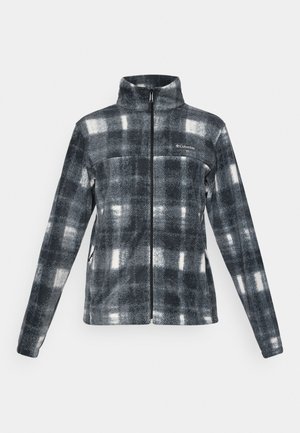 Veste en polaire à fermeture éclair complète, à carreaux gris foncé et blancs, avec un col haut et le logo Columbia sur la poitrine gauche.