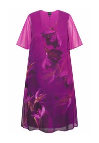 Violet dress with flutter sleeves, adorned with a floral pattern in various shades of violet and hints of brown. V-neck design, made from lightweight fabric.