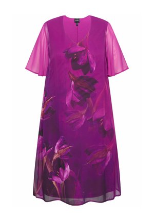 Lila Kleid mit schwingenden Ärmeln, das ein florales Muster in verschiedenen Lila-Tönen und Braunnuancen zeigt. V-Ausschnitt-Design, leichtes Material.