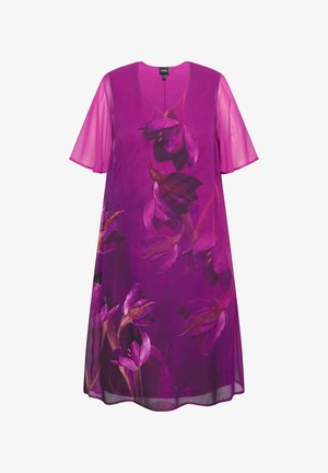 Violet dress with flutter sleeves, adorned with a floral pattern in various shades of violet and hints of brown. V-neck design, made from lightweight fabric.