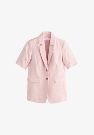 Lyserød kortærmet hørblazer med notch-krave, to knapper og to forlommer med klap, designet til et formelt eller afslappet look.